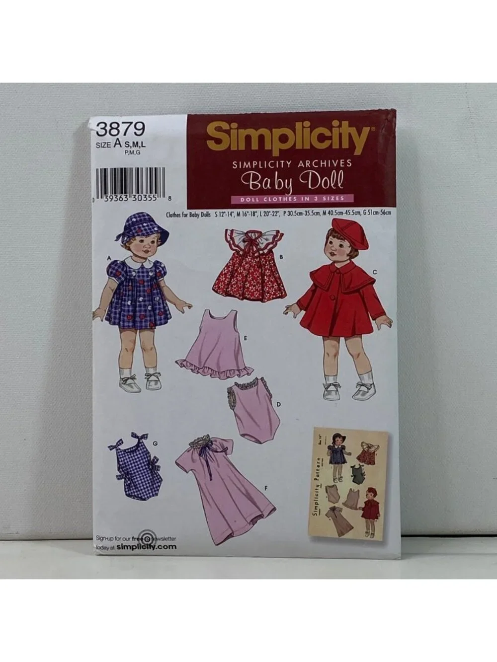 Simplicity 3879 Baby Doll Clothes 14 16 18 21 Inch Pattern Uncut Dress Cape